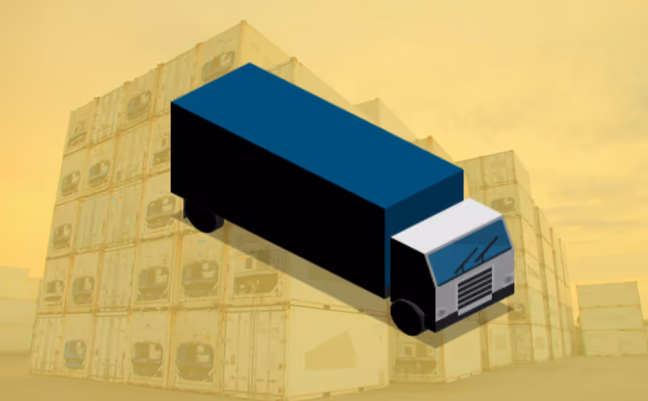3D illustration of a blue and black delivery truck overlaid on a background of stacked shipping containers in an outdoor storage yard.