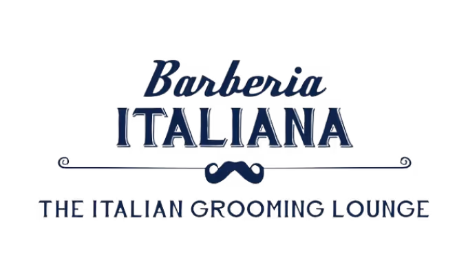 Logo with the text Barberia Italiana and a mustache icon, followed by the tagline The Italian Grooming Lounge.