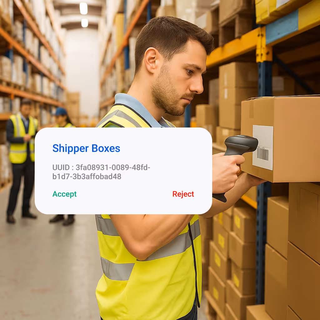 Warehouse worker in a yellow safety vest scanning a barcode on a box with a handheld scanner amid shelves stacked with boxes.