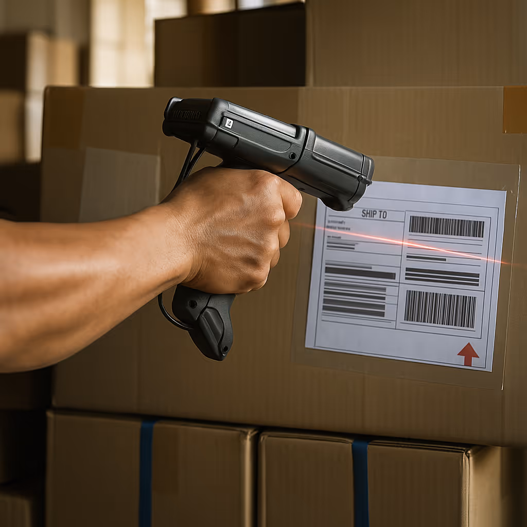 Hand holding a barcode scanner targeting a shipping label on a brown cardboard box.