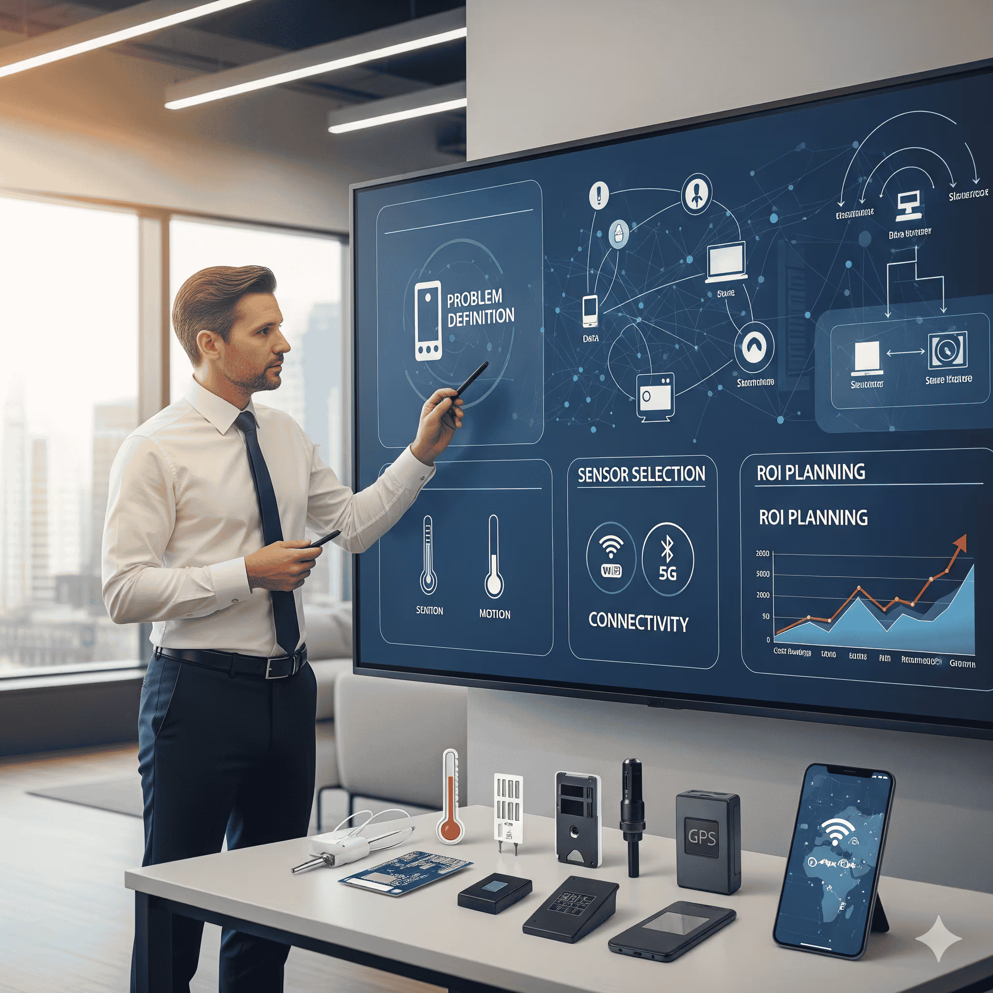 Businessman in office pointing to digital screen displaying problem definition, sensor selection, connectivity icons, and ROI planning graph with various tech devices on table.