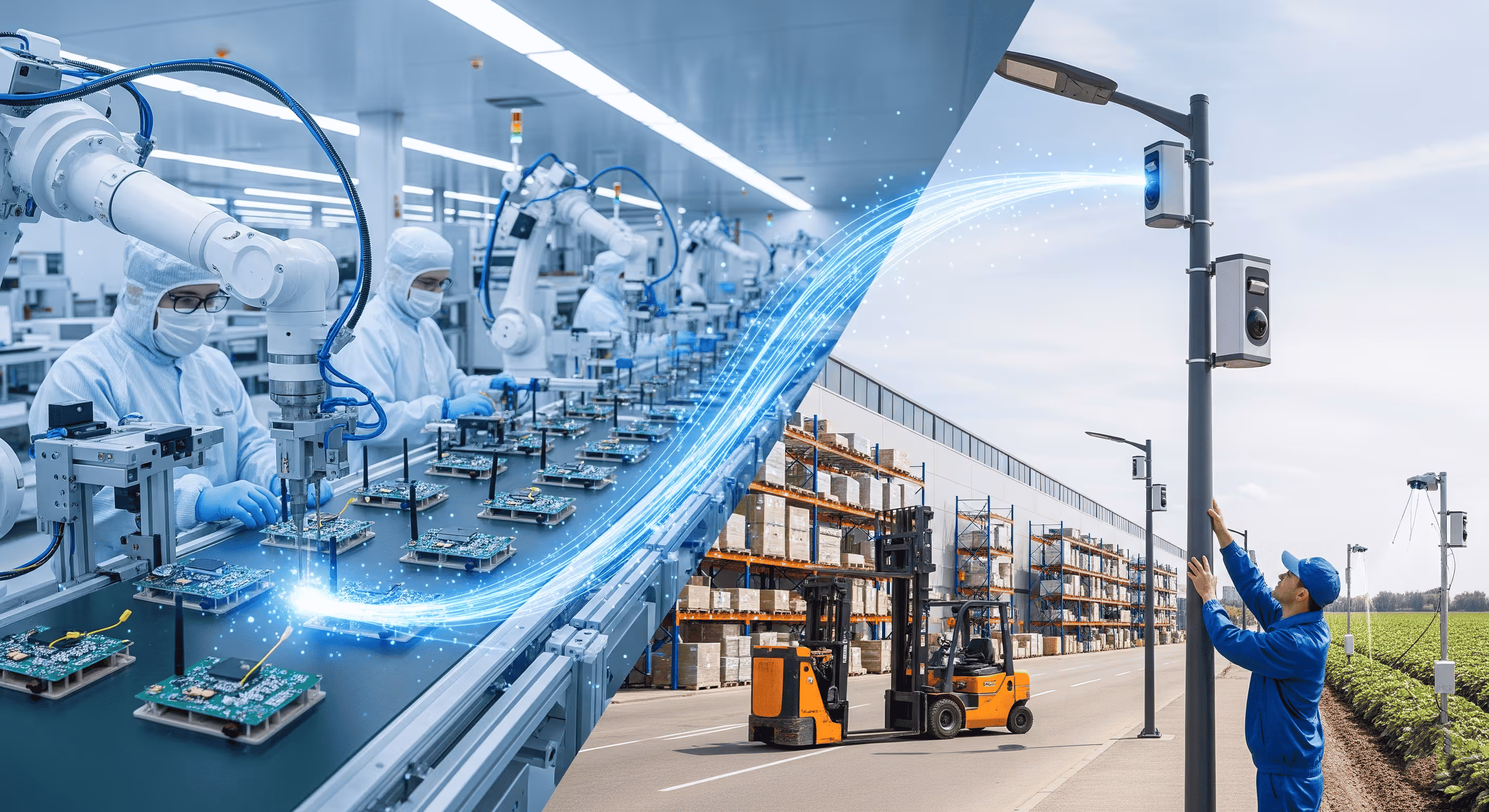 Split image showing a cleanroom with workers assembling circuit boards on a production line connected by a glowing digital stream to an outdoor warehouse scene with forklifts and a technician inspecting smart sensors on poles near crops.