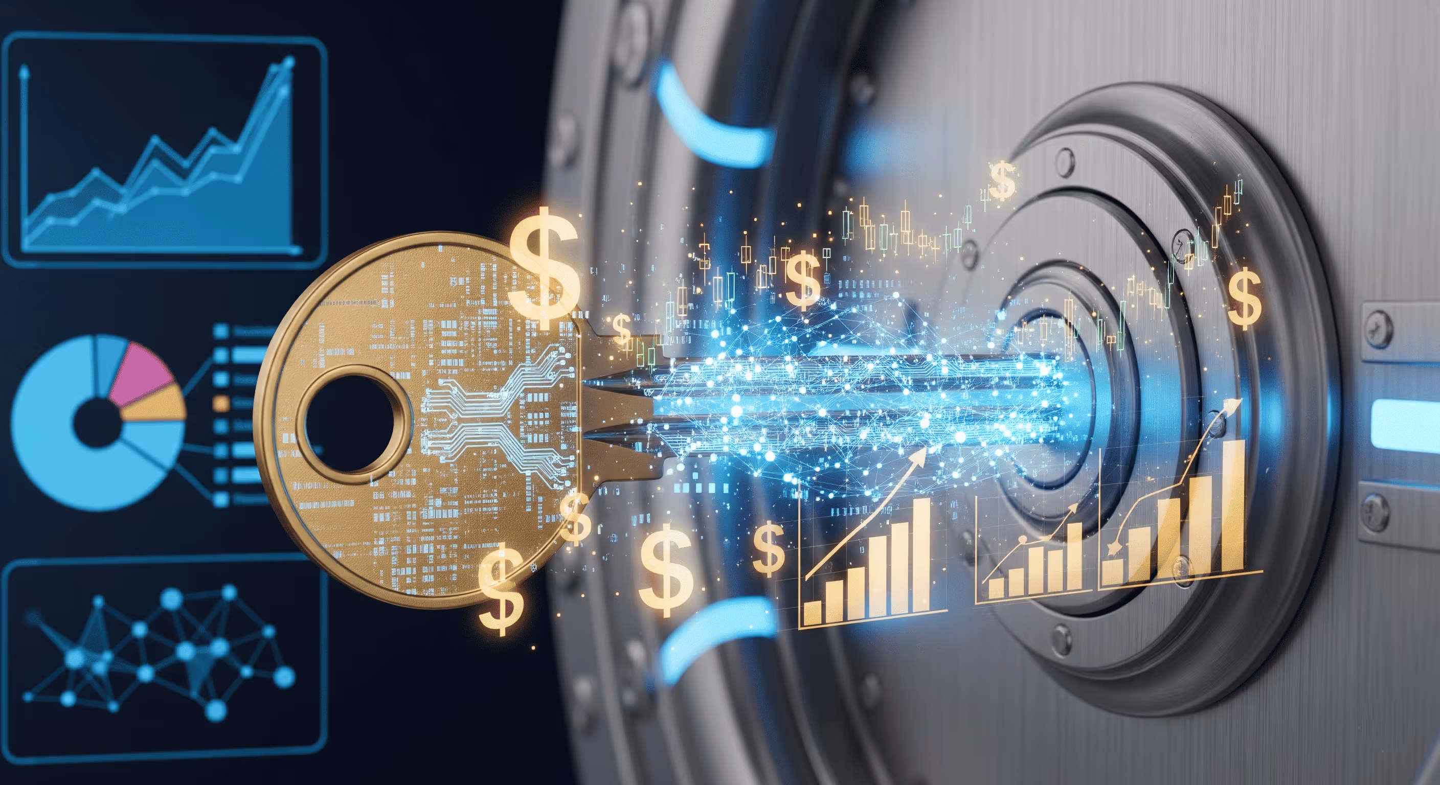 Digital key unlocking a secure vault with holographic dollar signs and financial growth charts floating around.