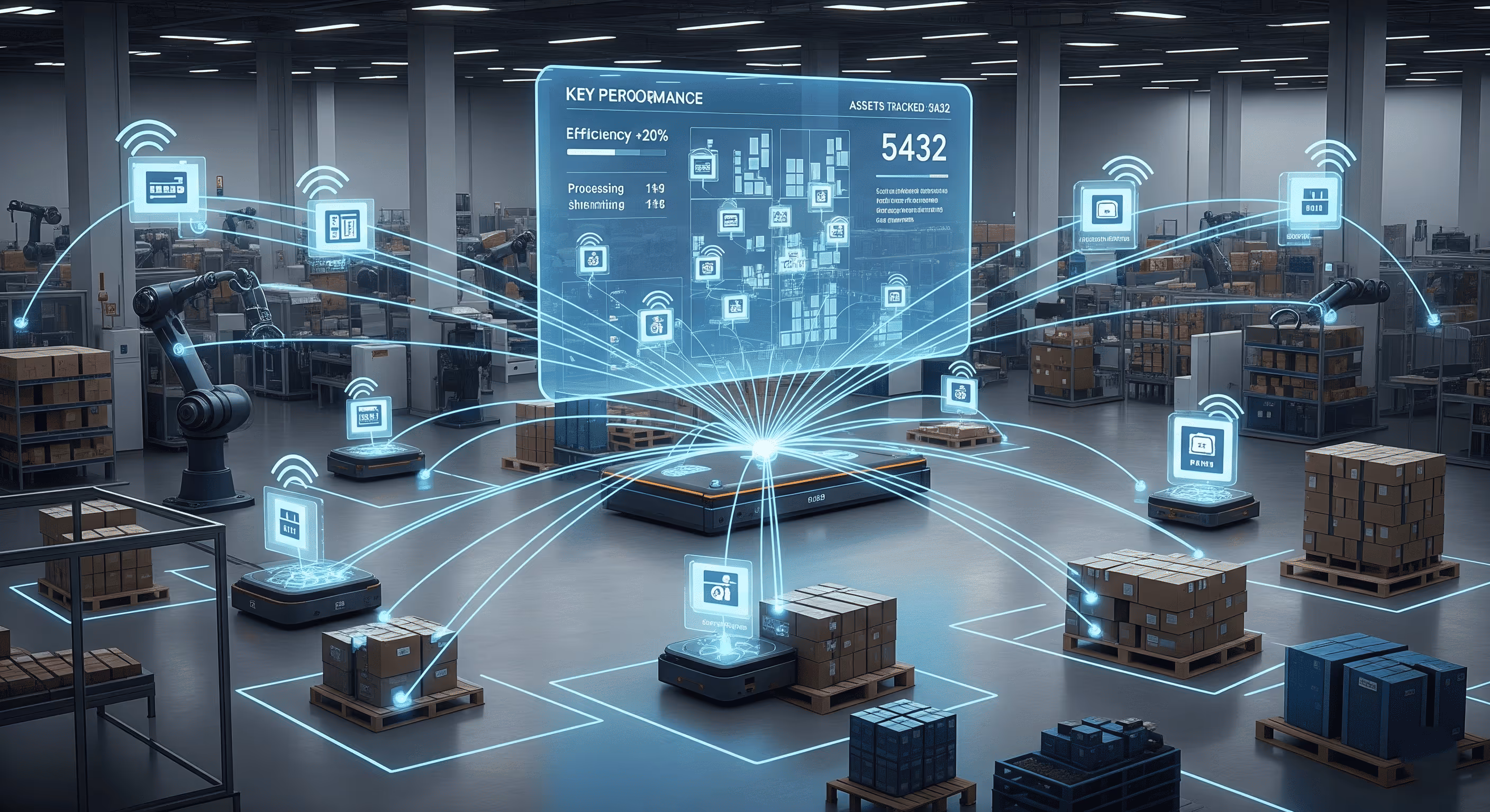 High-tech warehouse with robotic arms and automated pallet movers connected via holographic digital interface displaying asset tracking and key performance metrics.