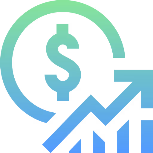 Gradient icon of a dollar sign with an upward trending arrow and circular arrow representing financial growth.