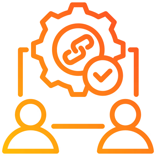Two user icons connected by a line below a gear with a link symbol and a checkmark inside it, representing verified connection or CRM integration.