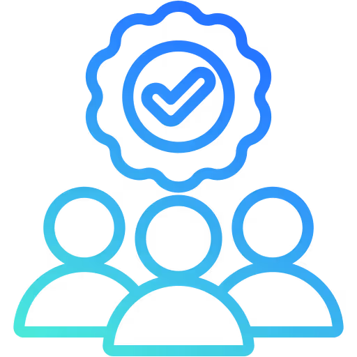 Three stylized people icons below a badge with a checkmark representing customer success or quality assurance.