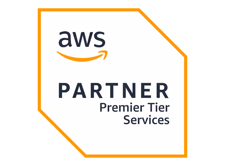 AWS Partner Premier Tier Services badge with orange and white background.