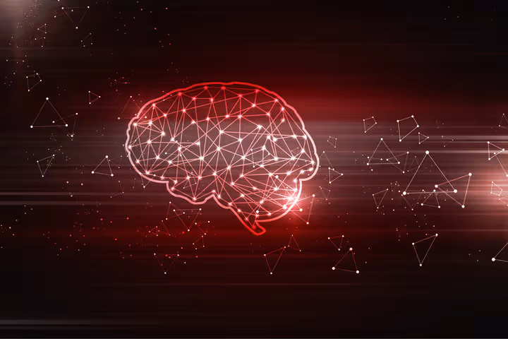 Digital illustration of a glowing networked brain outline with connected dots on a dark red background.