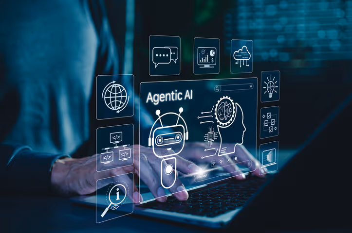 Person typing on a laptop with futuristic digital AI interface icons showing concepts like Agentic AI, chatbot, data analysis, cloud computing, and machine learning.