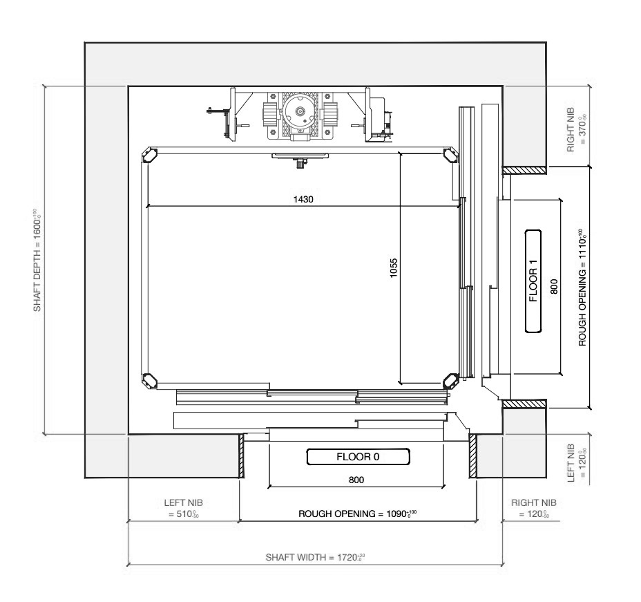 Technical shaft plan showing dimensions of shaft width 1720, depth 1600, rough openings, left and right nibs, and floor levels 0 and 1 with labeled measurements.