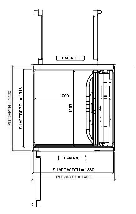 Technical shaft plan showing elevator dimensions with pit depth 1430, shaft depth 1315, shaft width 1360, and pit width 1400.