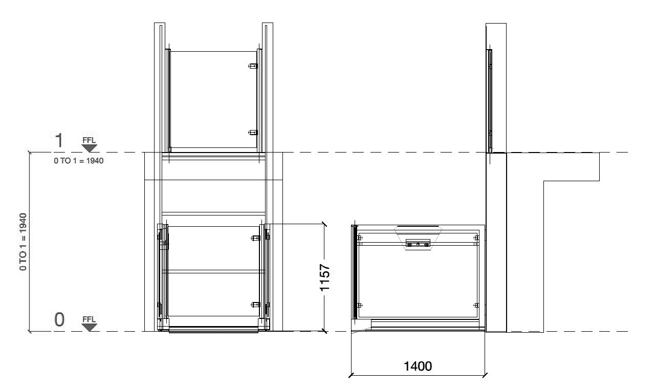 Technical shaft plan drawing showing vertical and horizontal sectional views with dimensions 1940 mm height, 1157 mm inner height, and 1400 mm width.