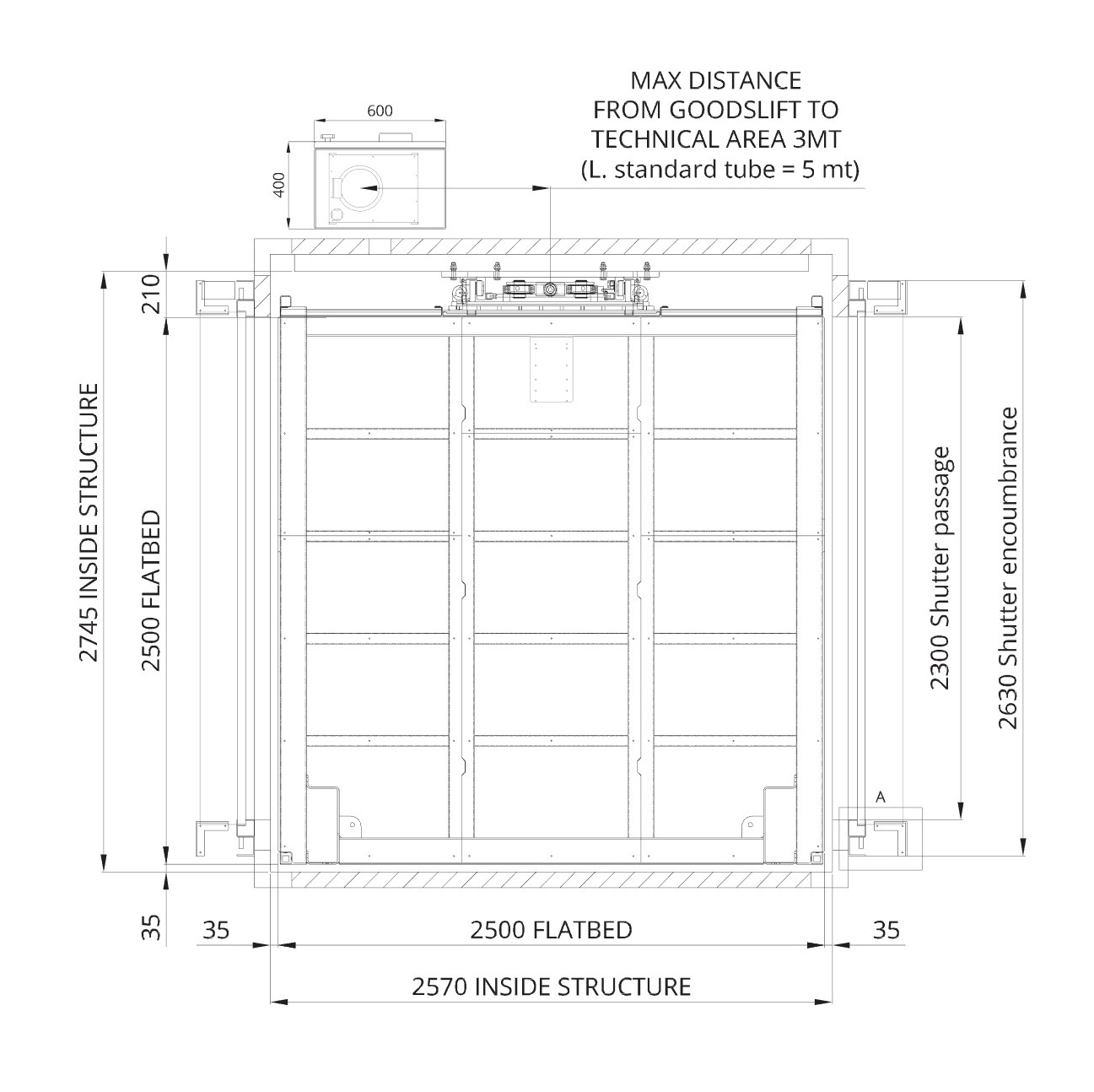 Technical floor plan drawing of a flatbed structure with detailed measurements including inside structure dimensions, flatbed size, shutter passage, and shutter encumbrance.