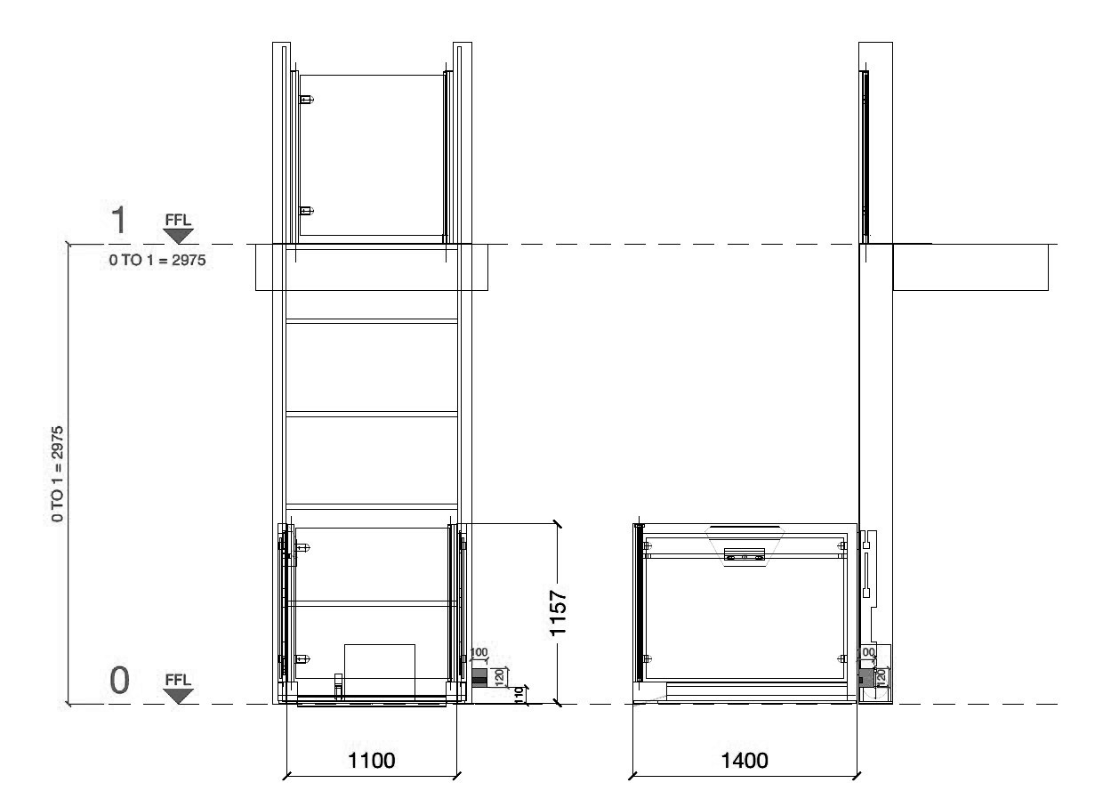 Technical shaft plan showing dimensions of shaft width 1720, depth 1600, rough openings, left and right nibs, and floor levels 0 and 1 with labeled measurements.