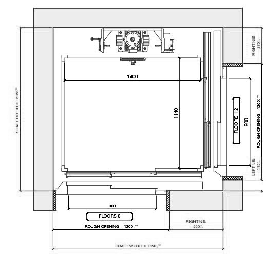 Technical shaft plan diagram with detailed measurements including shaft depth, width, rough openings, and floor levels labeled floors 0, 1-2, and 3, showing equipment and structural layout.
