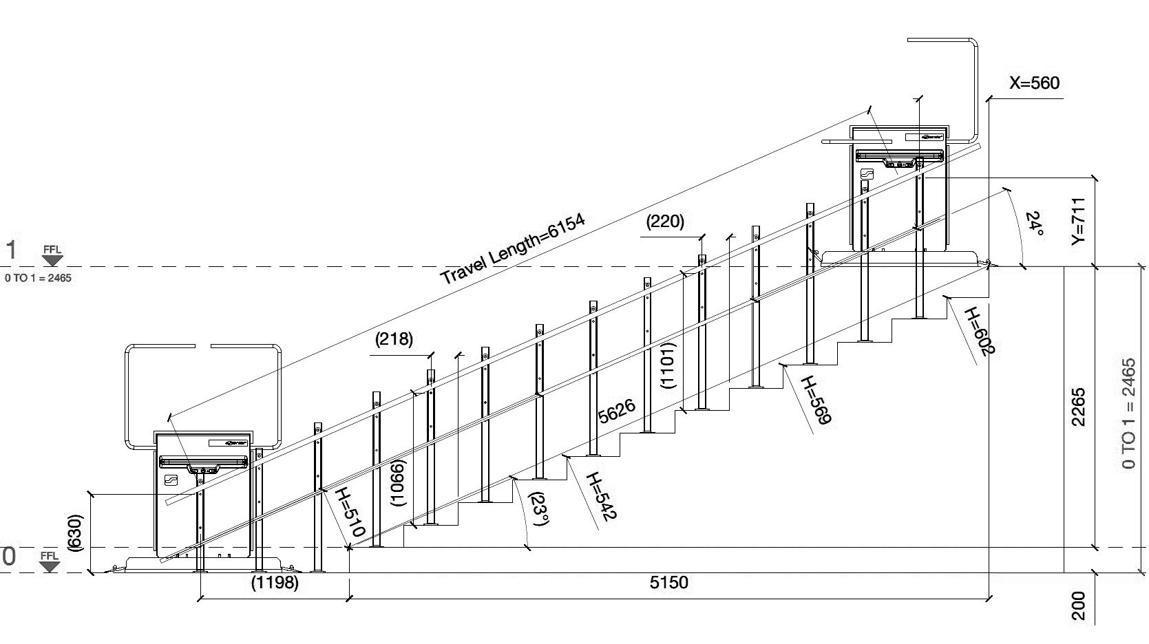Technical side elevation drawing of an inclined stair lift with measurements, showing height, travel length, angles, and platform details.
