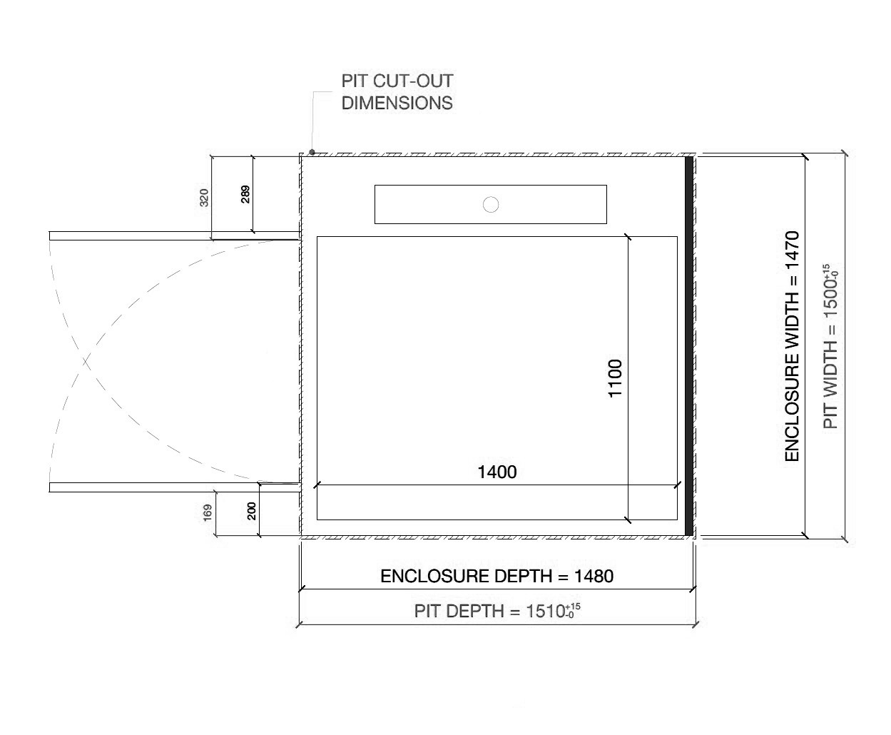 Architectural plan showing enclosure and pit dimensions with labeled widths and depths, including door swing and a rectangular cut-out area.