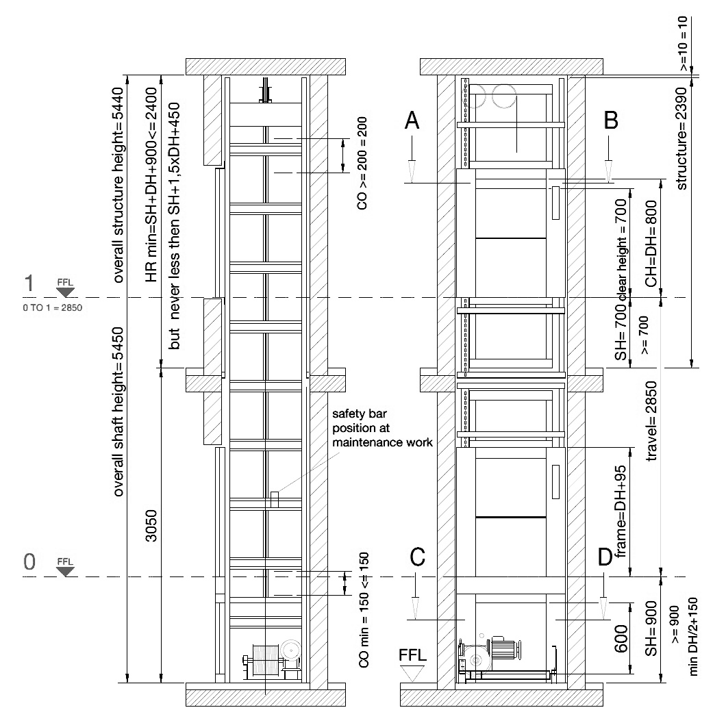 Technical shaft plan drawing of a dumbwaiter elevator with front and side views, dimensions, and labeled safety bar and travel height measurements.