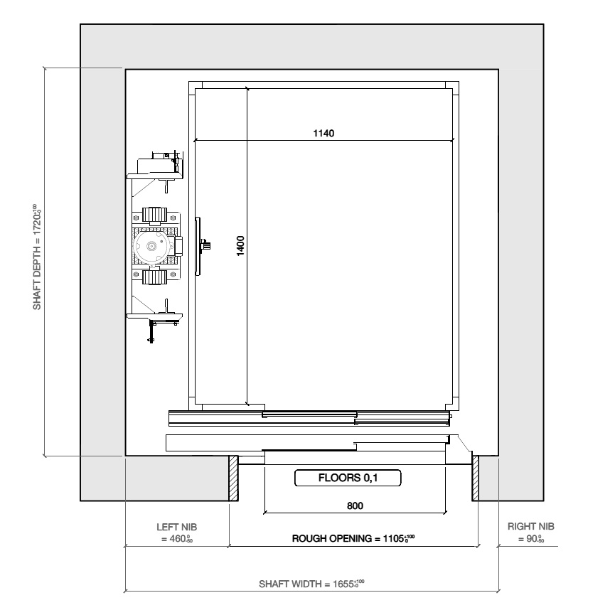 Technical shaft plan showing dimensions of shaft width 1720, depth 1600, rough openings, left and right nibs, and floor levels 0 and 1 with labeled measurements.