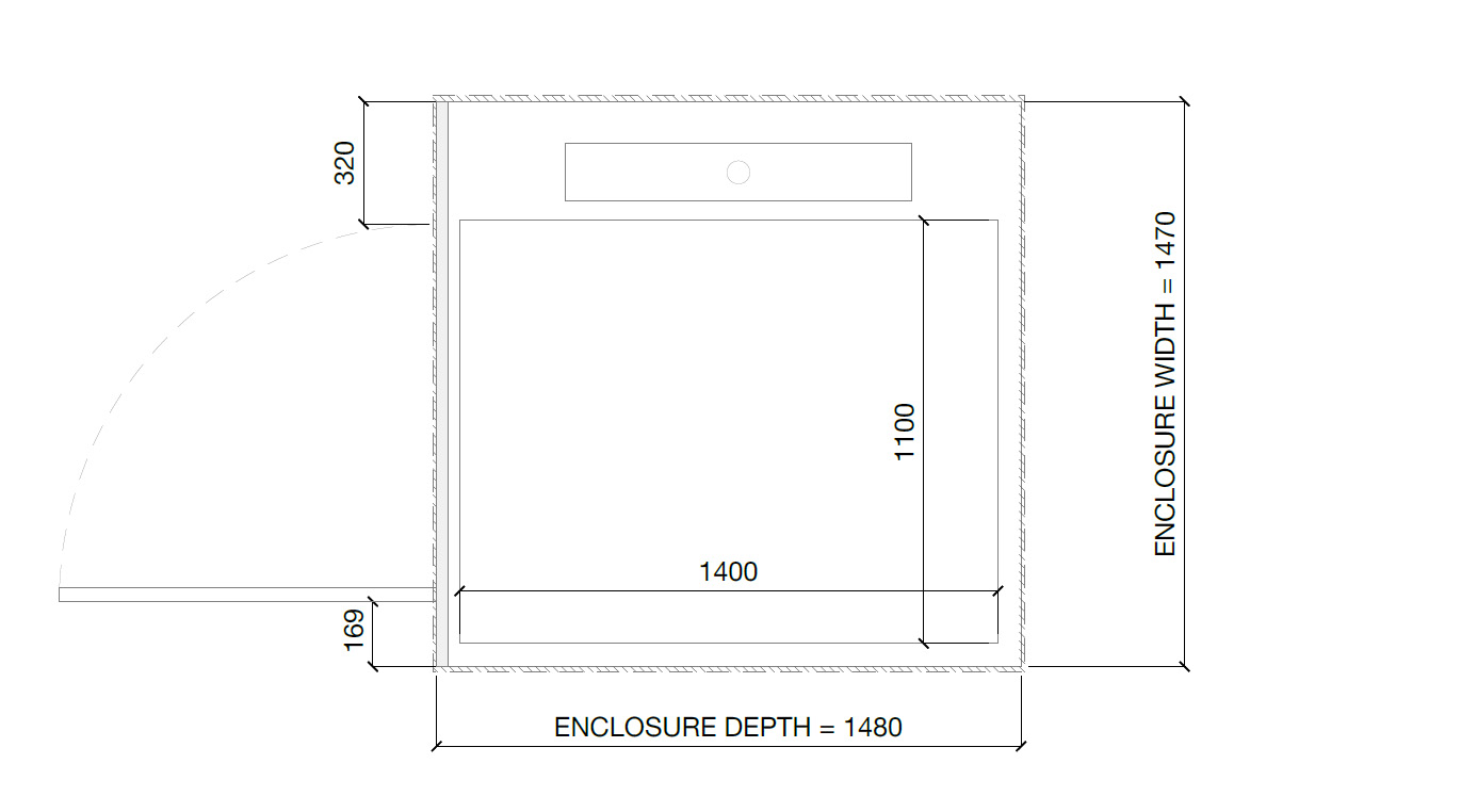 Technical shaft plan showing elevator dimensions with pit depth 1430, shaft depth 1315, shaft width 1360, and pit width 1400.