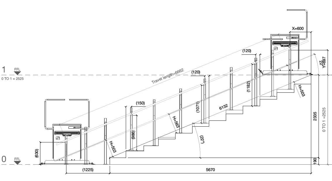 Technical side elevation drawing of an inclined stair lift with measurements, showing height, travel length, angles, and platform details.