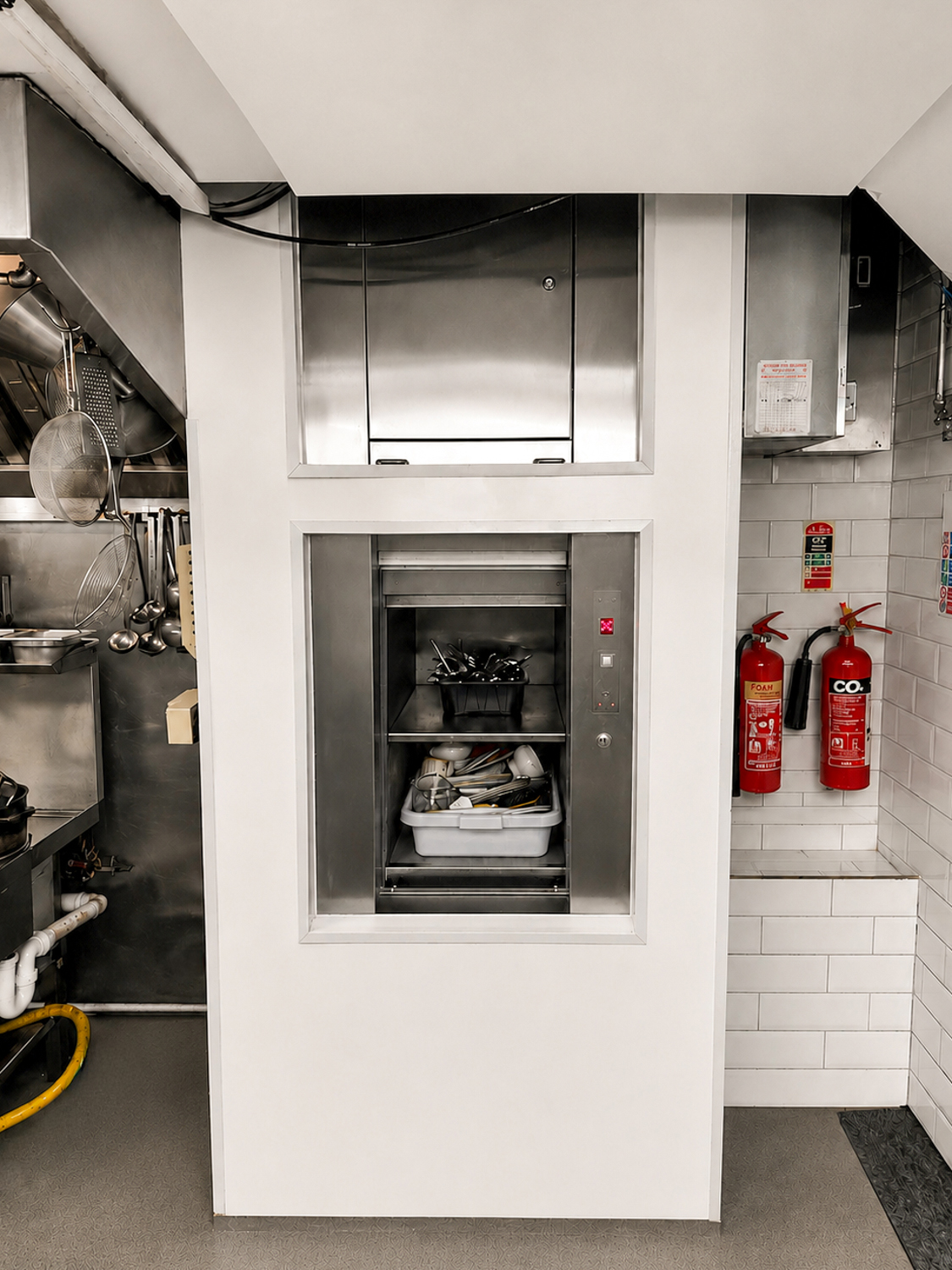 Stainless steel 100kg dumbwaiter lift in a commercial kitchen with utensils inside and fire extinguishers mounted nearby.