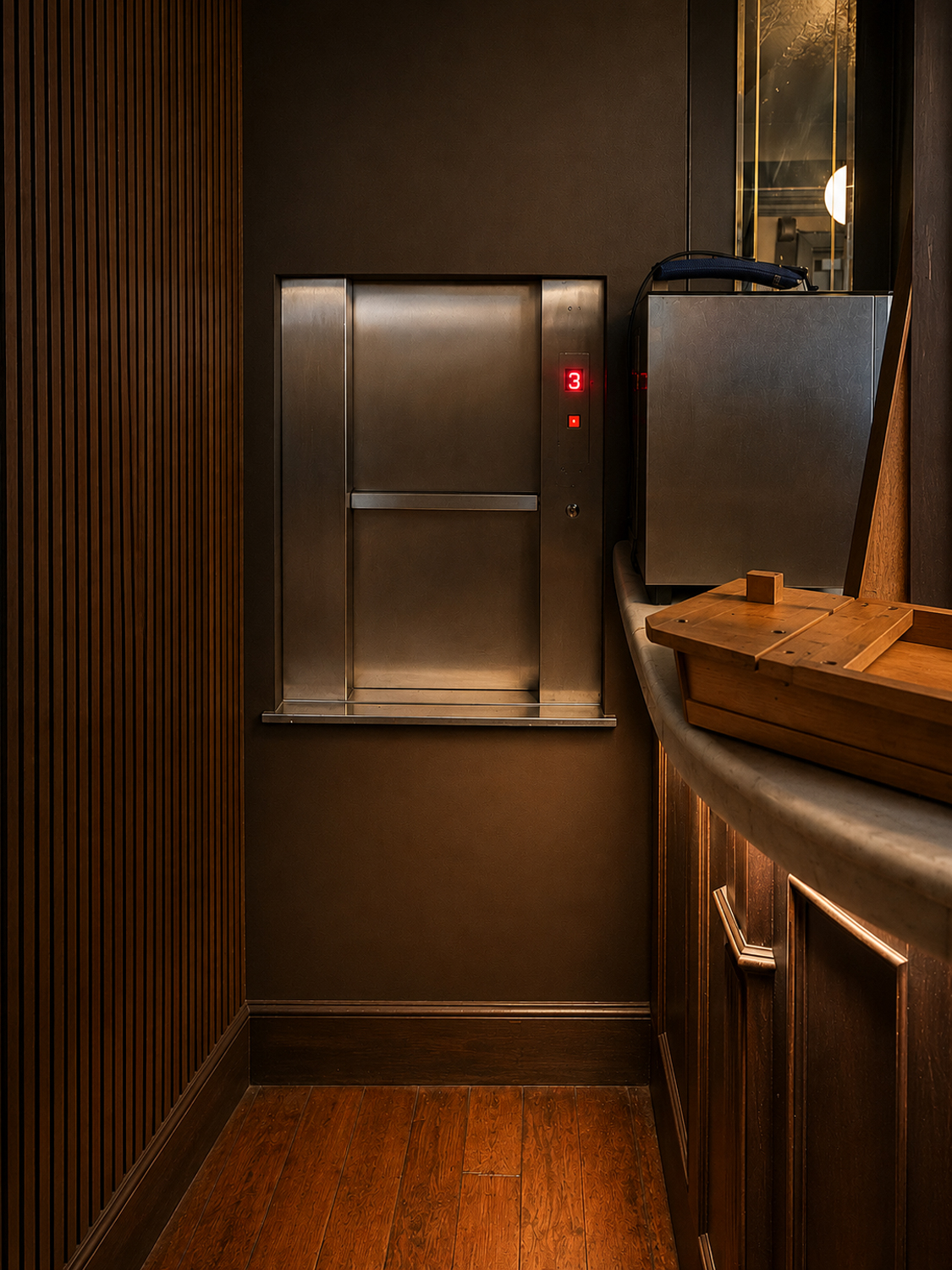 Metal dumbwaiter lift with red number 3 light in a dimly lit wooden interior.