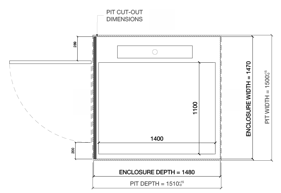 Technical shaft plan drawing of a dumbwaiter elevator with front and side views, dimensions, and labeled safety bar and travel height measurements.
