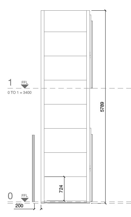 Technical side elevation drawing of an inclined stair lift with measurements, showing height, travel length, angles, and platform details.