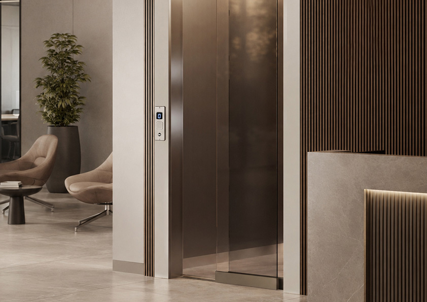 Modern commercial eco public lift door in a stylish lobby with beige chairs, a potted plant, and wood paneling on the walls.