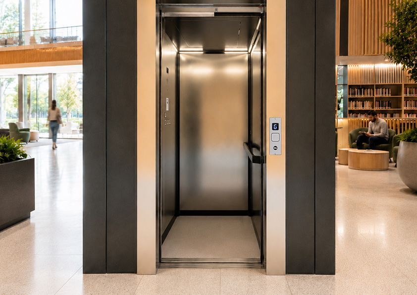 Open modern public lift with stainless steel interior in a spacious lobby featuring large windows, plants, and seating areas with people.