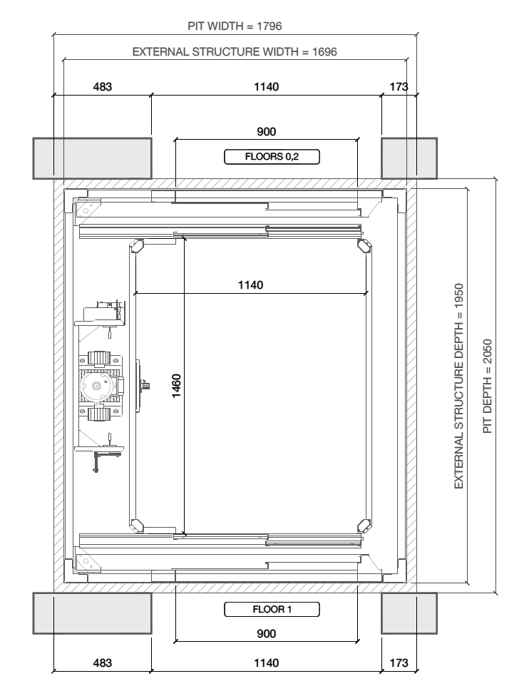 Technical shaft plan drawing of a dumbwaiter elevator with front and side views, dimensions, and labeled safety bar and travel height measurements.
