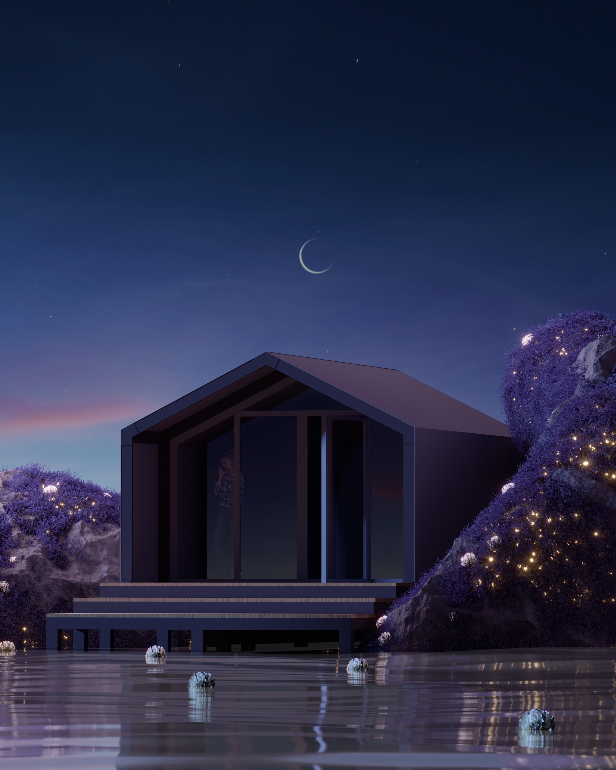 3D render of a house that is facing a lake
