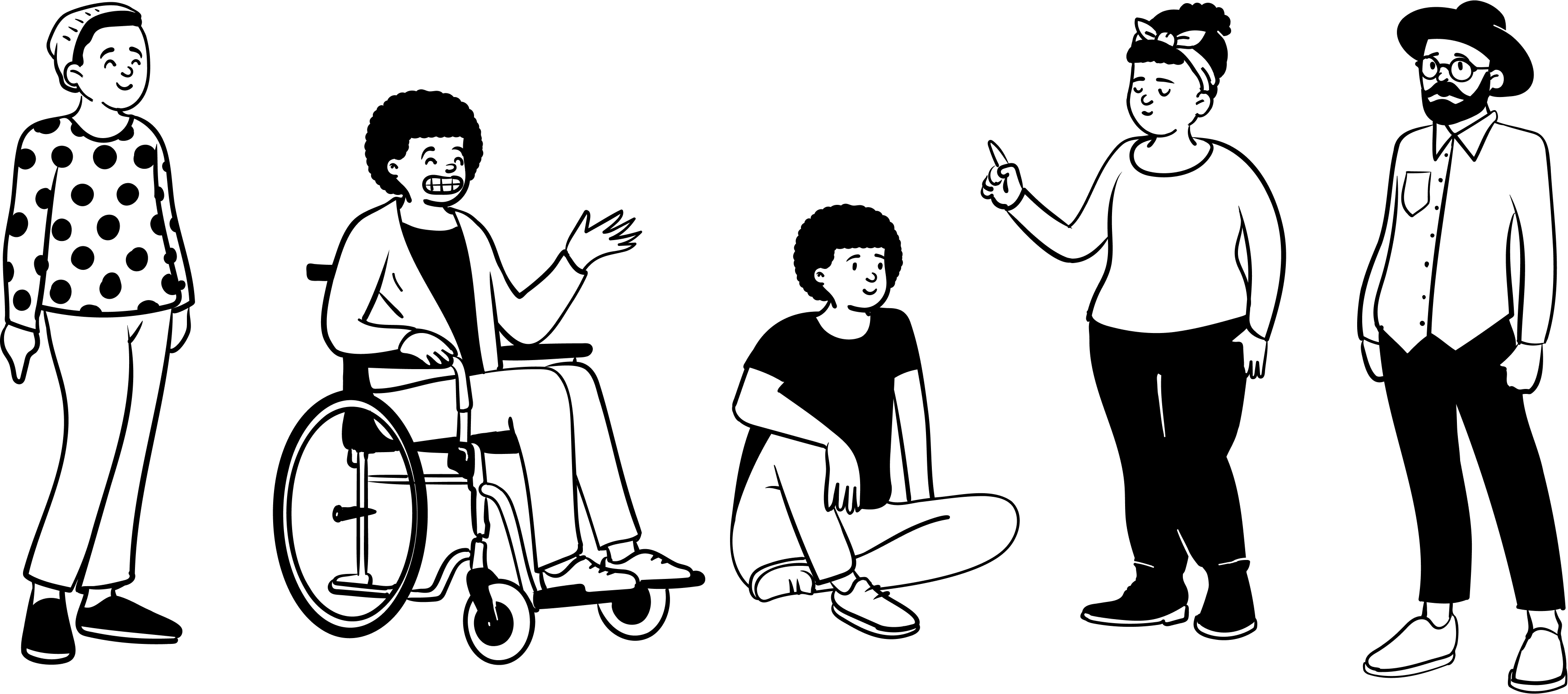 Black and white drawing of five people chatting