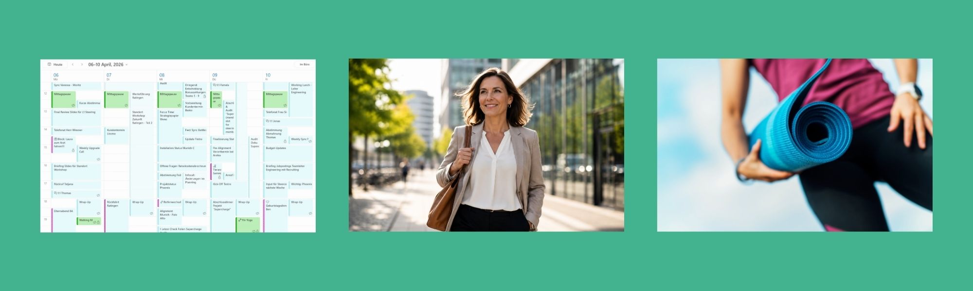 Collage: Business Frau zwischen zwei Terminen, voller Kalender, Sport und Yogamatte