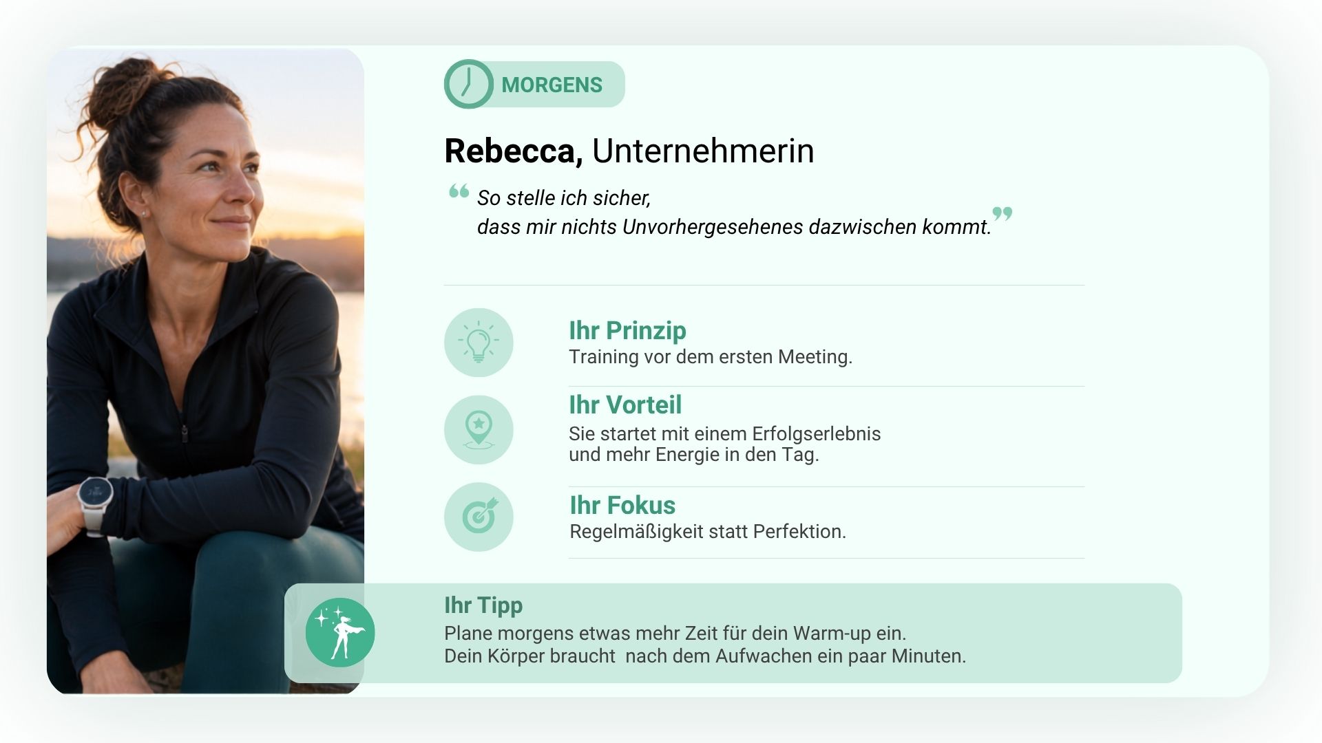 Fallbeispiel Rebecca: Unternehmerin integriert ihr Training morgens vor dem ersten Meeting und startet dadurch energiegeladen in den Tag.