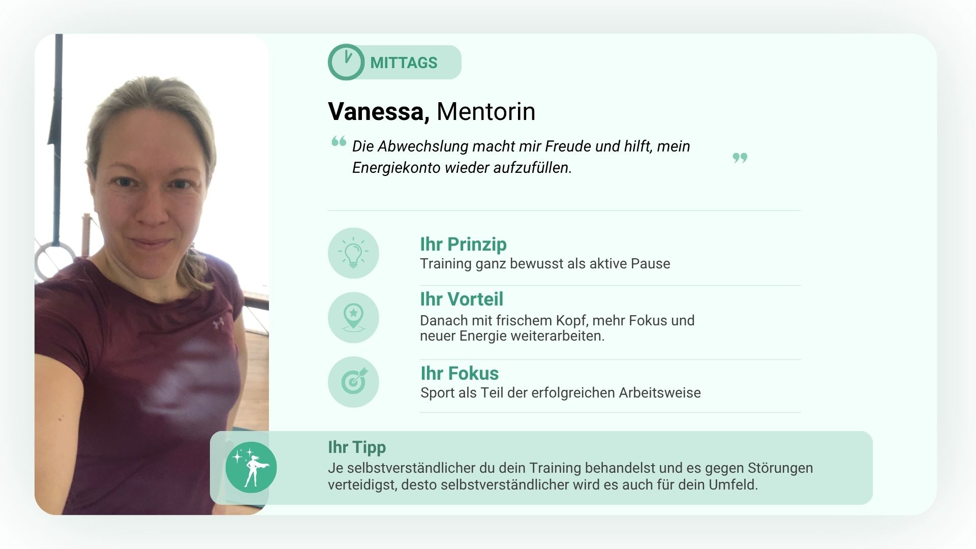 Vanessa Werner nutzt ihr Training als aktive Mittagspause, um neue Energie zu tanken und mit mehr Fokus weiterzuarbeiten.