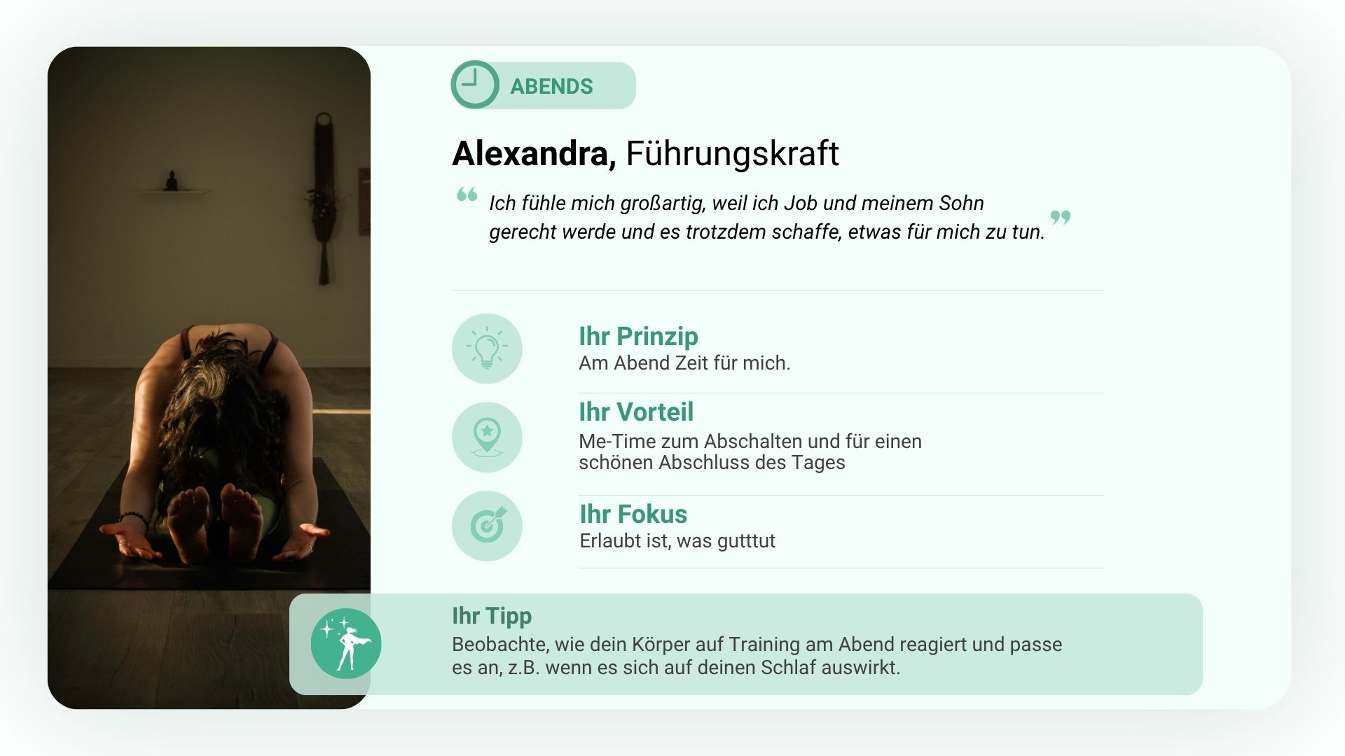 Fallbeispiel Alexandra: Führungskraft und Mutter integriert ihr Training nach der Familienzeit am Abend in ihren Alltag.
