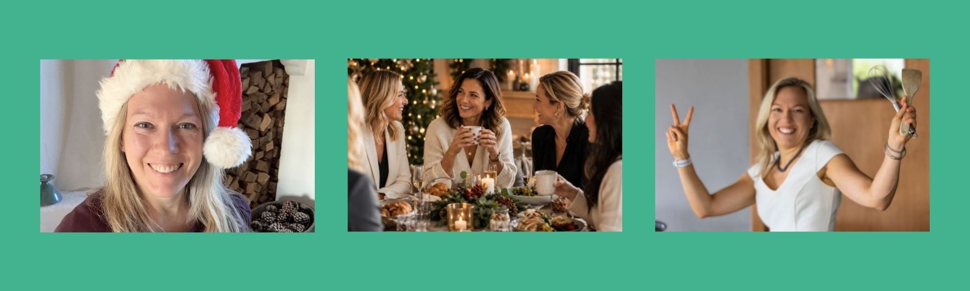 Collage: beruflich erfolgreiche Frau mit Weihnachtsmütze, beim Kochen und einem gesunden Adventsbrunch mit Kolleginnen