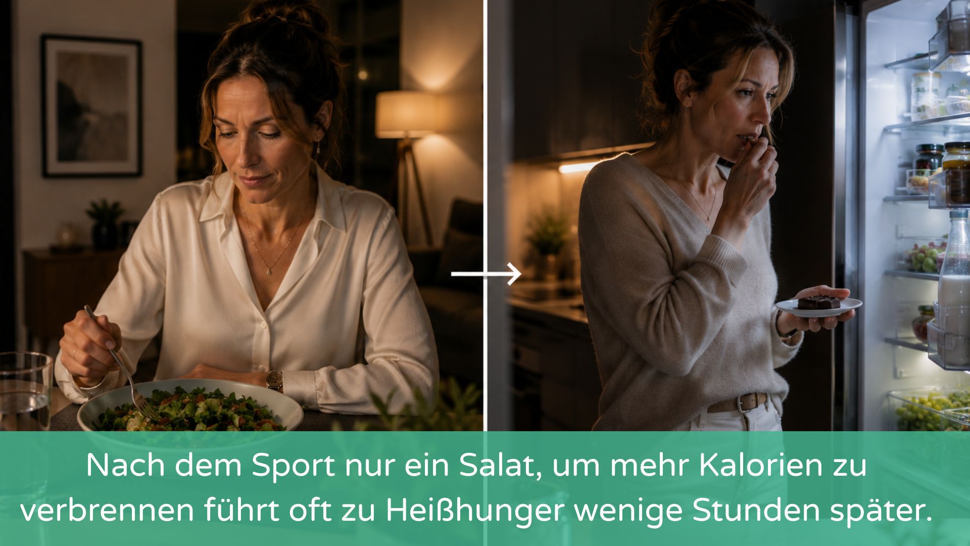 Gegenüberstellung einer Frau, die nach dem Sport zunächst nur einen Salat isst, später aber Heißhunger bekommt