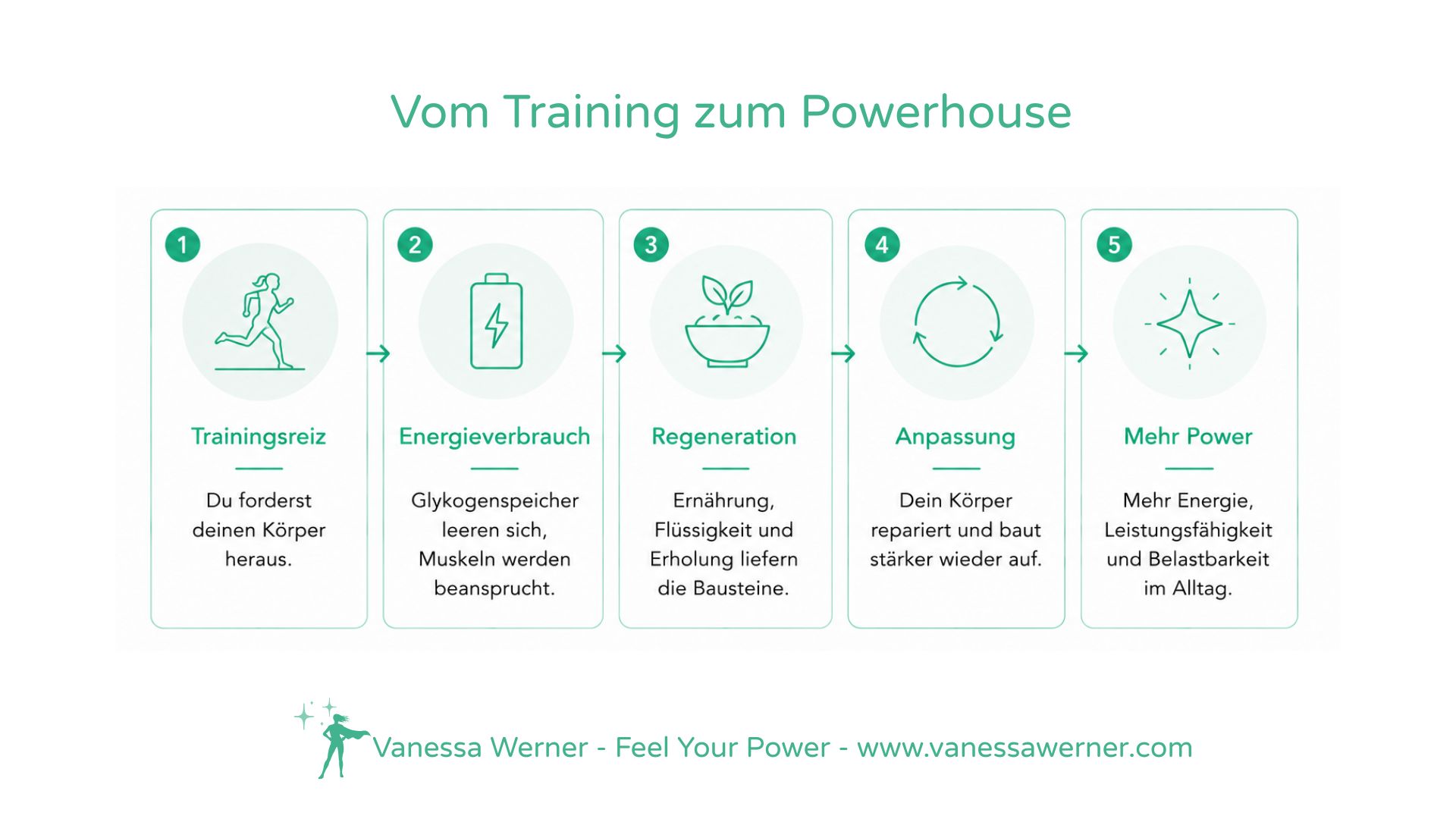 Infografik: wie die Kombination aus Trainingsreiz, Ernährung und Erholung für eine Leistungssteigerung sorgt