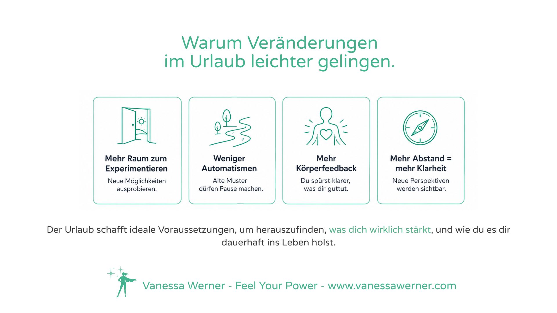 Infografik mit den vier Gründen, warum der Urlaub ein idealer Zeitpunkt für neue Gewohnheiten und persönliche Ausrichtung ist.
