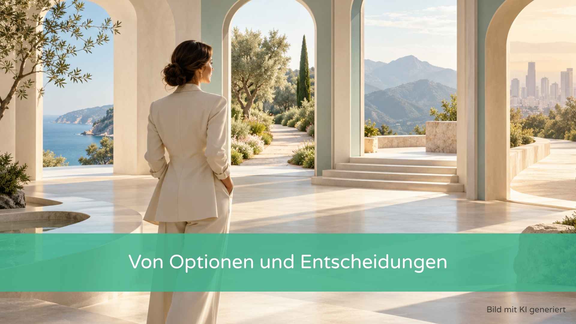 Erfolgreiche Frau vor mehreren offenen Wegen als Symbol für beruflichen Gestaltungsspielraum