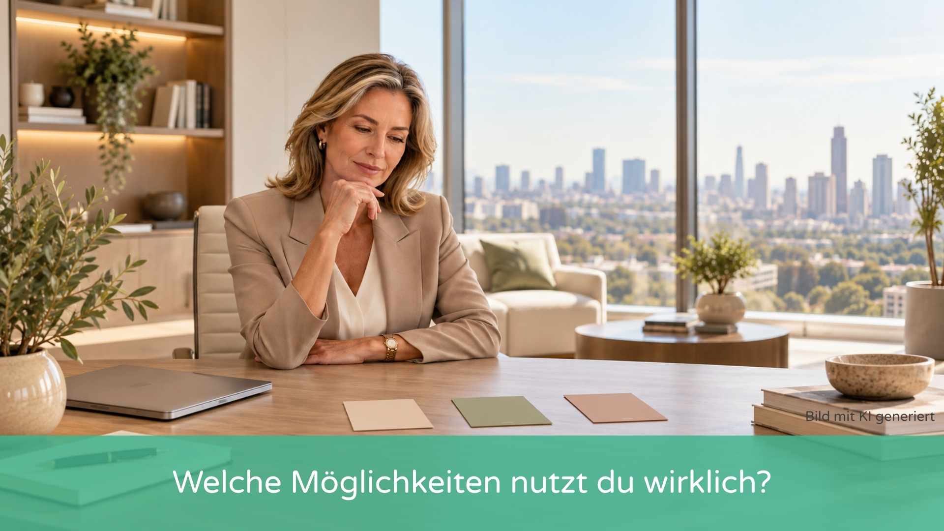 Frau vor mehreren Optionen auf dem Schreibtisch als Symbol für bewusste berufliche Entscheidungen