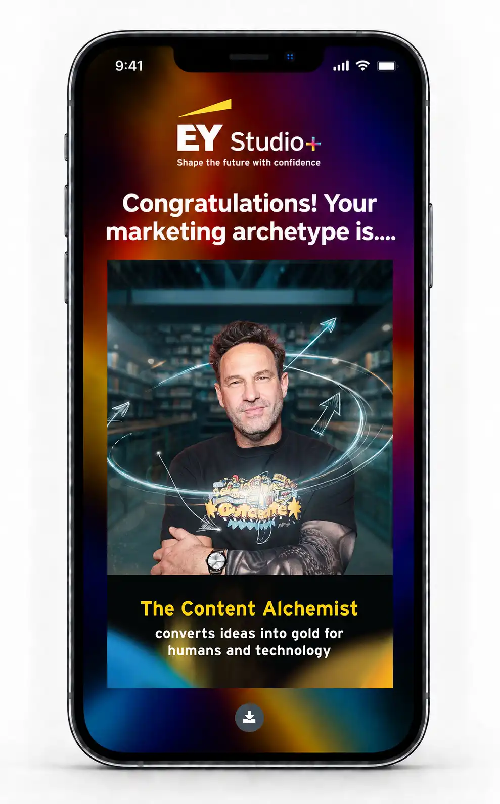 Guest receiving their branded AI archetype portrait by text after finishing the quiz