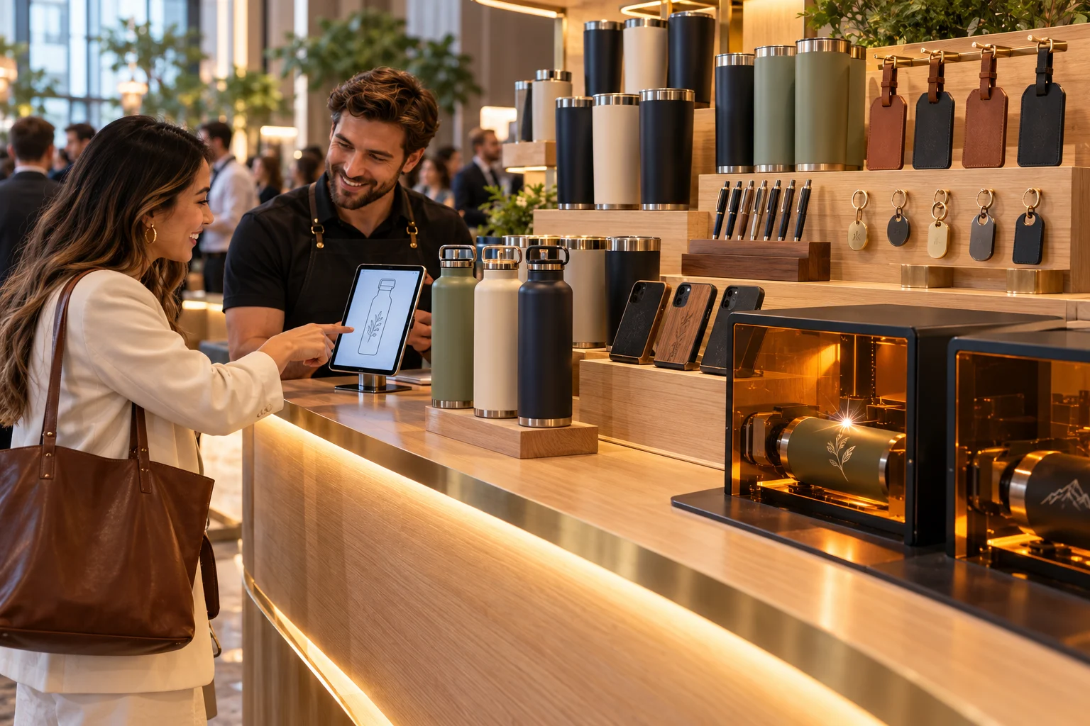Guest choosing a water bottle to engrave at a conference personalisation bar stocked with tumblers, luggage tags, keychains, pens and phone cases