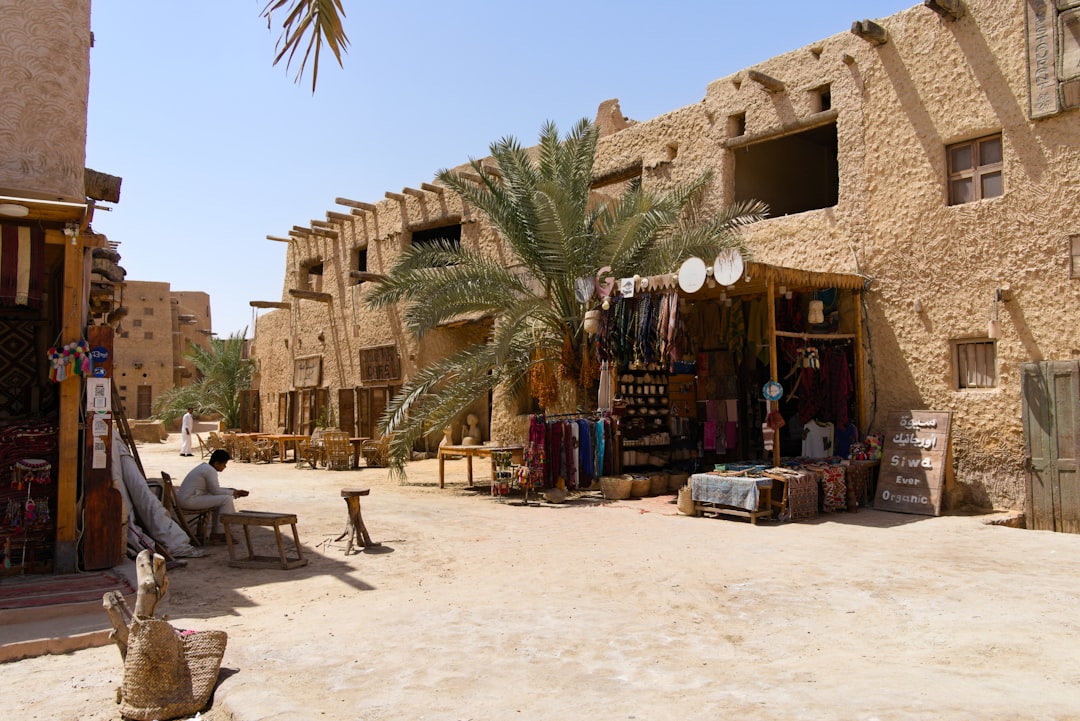 Desert village with traditional buildings and market stalls.
