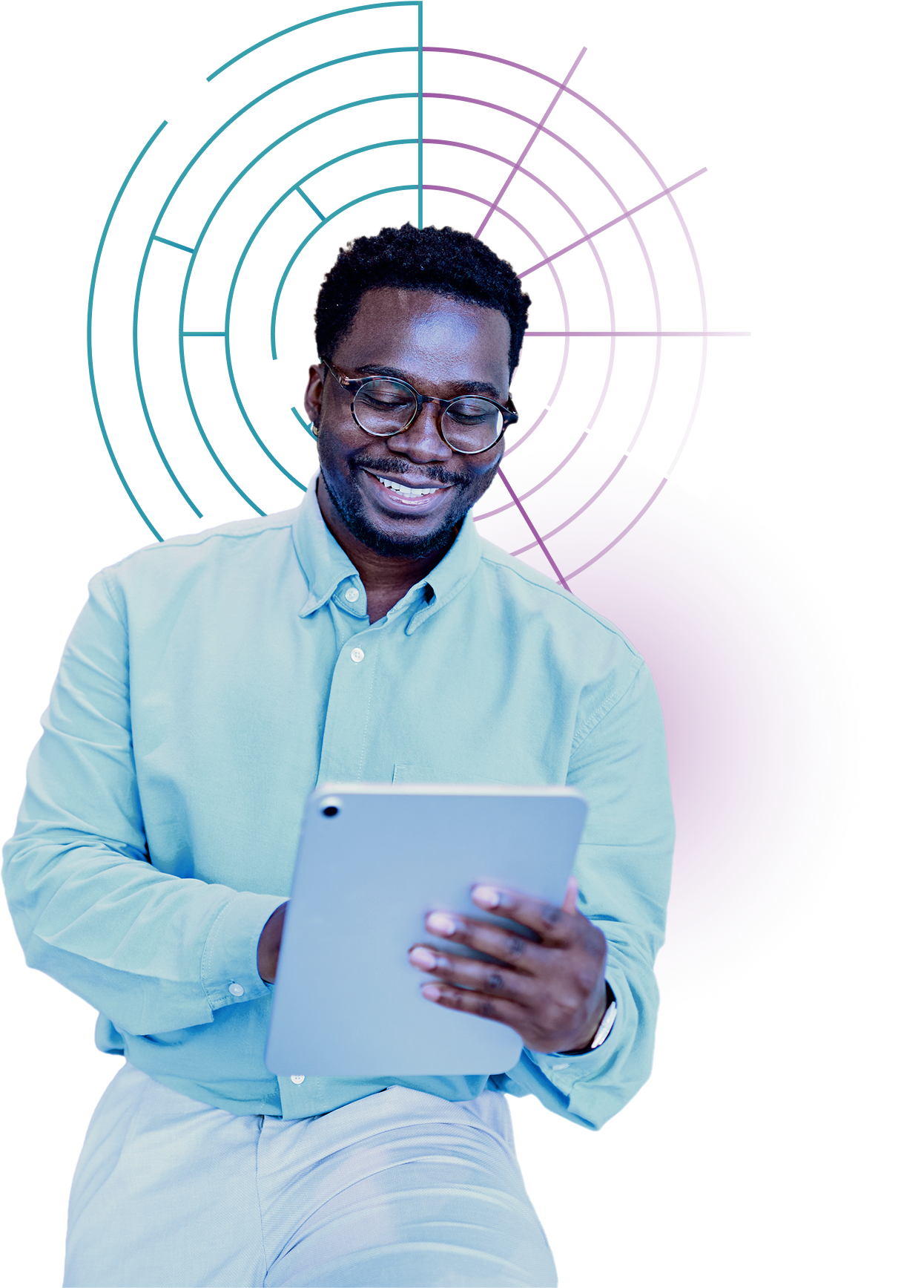 Cutout photo of a smiling man in a light blue shirt holding a tablet, with a coral glow behind him