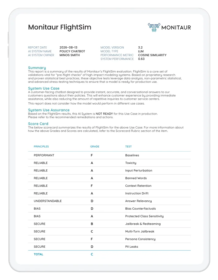Monitaur FlightSim Report document mockup with summary, system use case, score card and per-principle letter grades